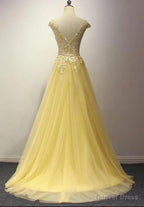 Yellow Long Prom Dress, A Line Round Neckline Prom Dresses