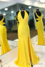 Yellow Long Satin Halter Mermaid  Prom Dress With Open Back And Slit