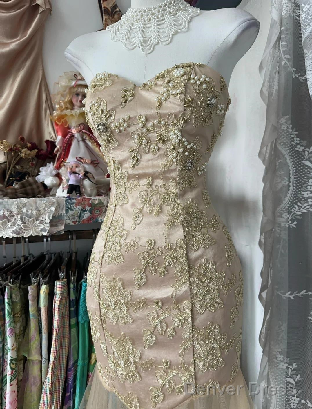 Yellow Mermaid Strapless Sweetheart Tulle Beaded Applique Long Prom Dress Secondary image