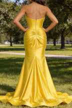 Yellow Mermaid Sweetheart Corset Long Prom Dresses with Slit