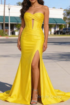 Yellow Mermaid Sweetheart Corset Long Prom Dresses with Slit