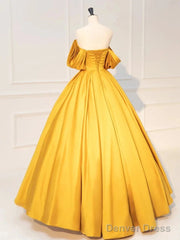 Yellow Off Shoulder Satin Long Prom Dress Quinceanera Dress
