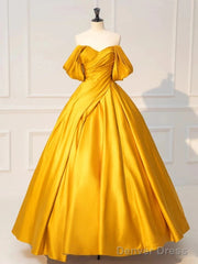 Yellow Off Shoulder Satin Long Prom Dress Quinceanera Dress