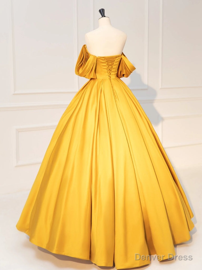 Yellow Off Shoulder Satin Long Prom Dress, Yellow Long Prom Dresses Secondary image