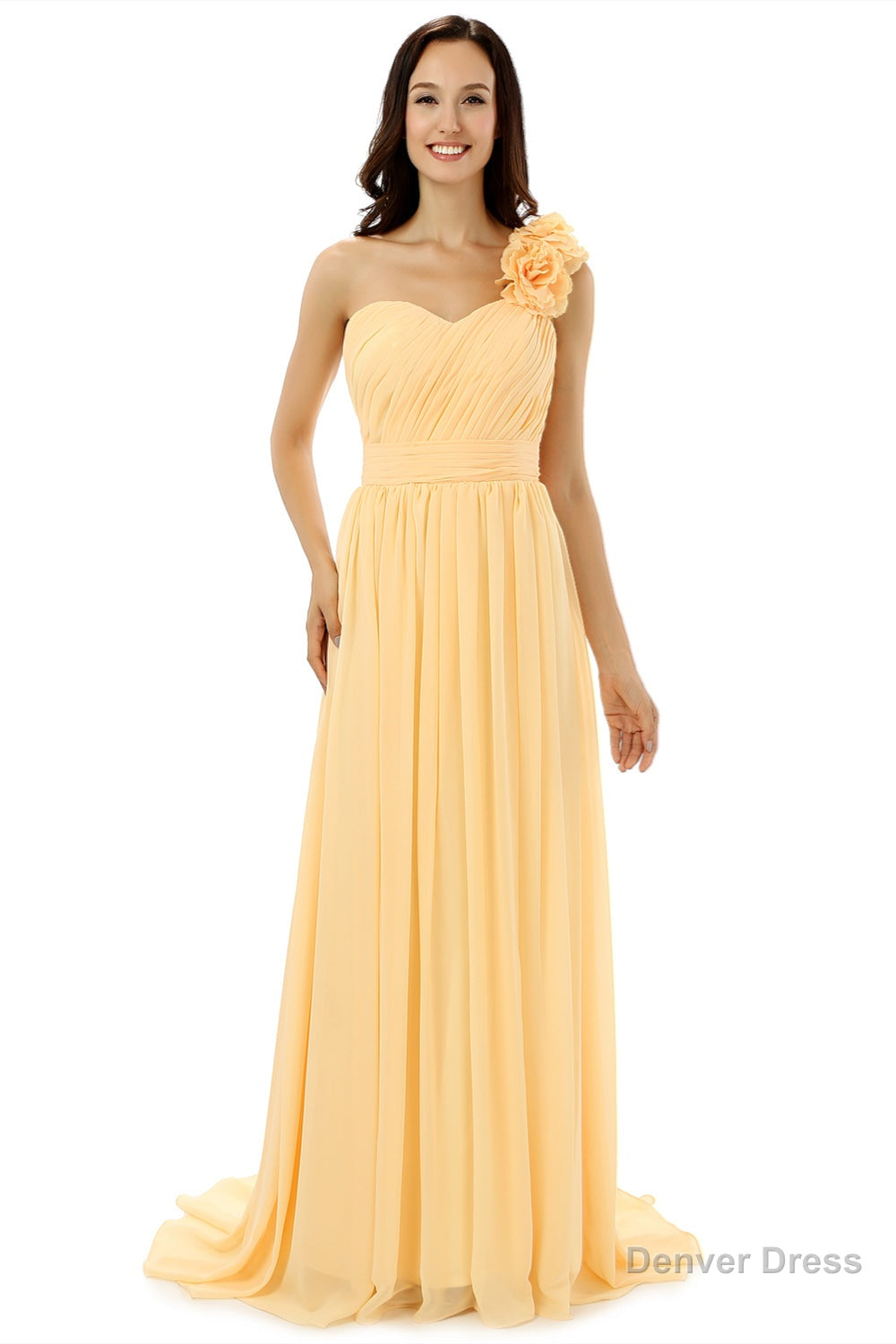 Yellow One Shoulder Chiffon With Pleats Flower Bridesmaid Dresses Main image