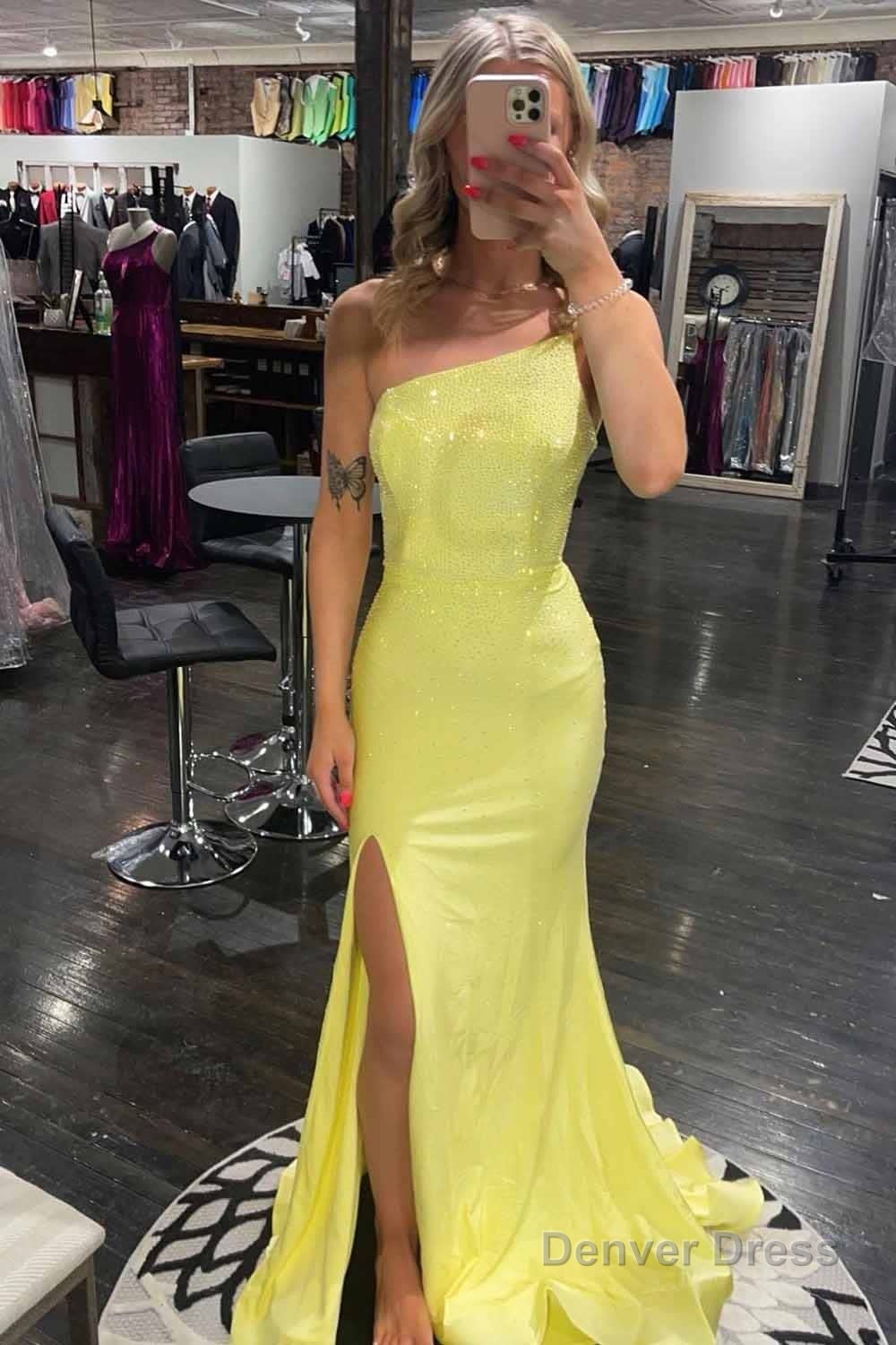 Yellow One Shoulder Sequins Mermaid Prom Dresses with Slit