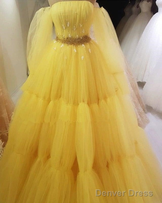 Yellow Princess Prom Dresses Strapless Ball Gown With Sleeves