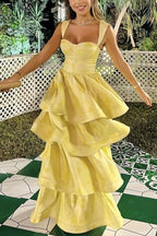 Yellow Printing A-Line Tiered Sleeveless Long Prom Dresses