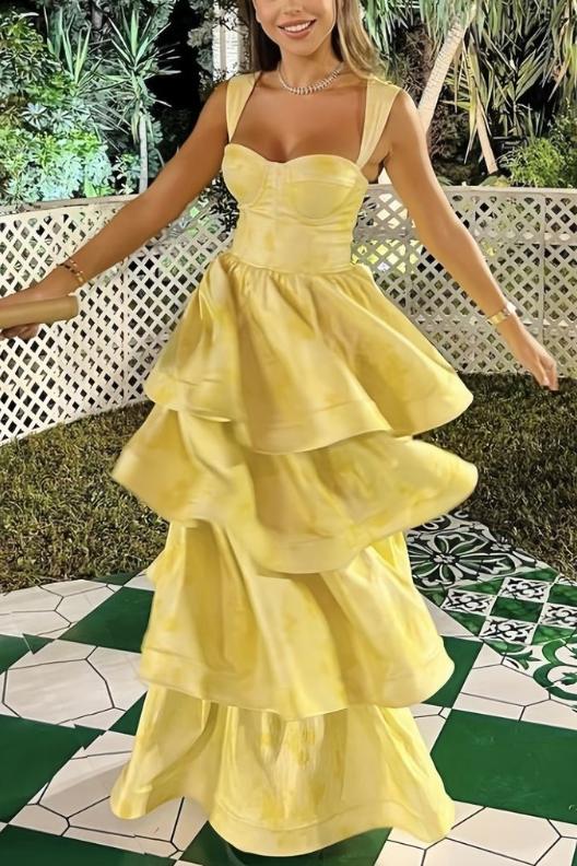 Yellow Printing A-Line Tiered Sleeveless Long Prom Dresses