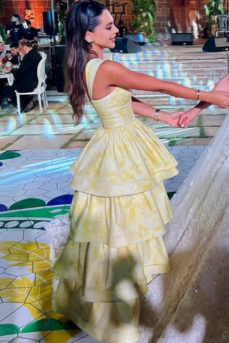 Yellow Printing A-Line Tiered Sleeveless Long Prom Dresses