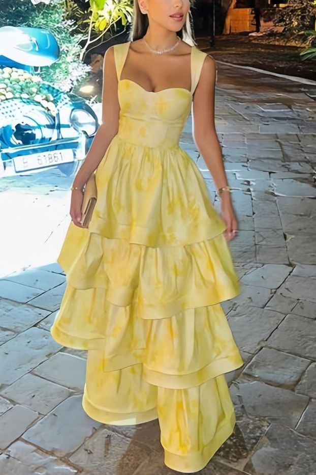 Yellow Printing A-Line Tiered Sleeveless Long Prom Dresses Main image