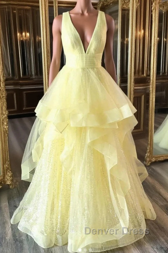 Yellow Prom Dresses A Line Deep V Neck Light Long Party Evening Dresses with Ruffles