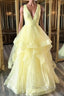 Yellow Prom Dress A Line Deep V Neck Light Long Prom Dresses with Ruffles
