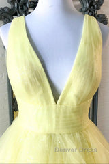 Yellow Prom Dresses A Line Deep V Neck Light Long Party Evening Dresses with Ruffles