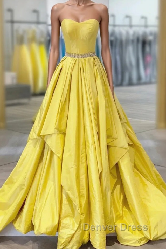 Yellow Prom Dress A Line Sweetheart Long Prom Dresses with Beading