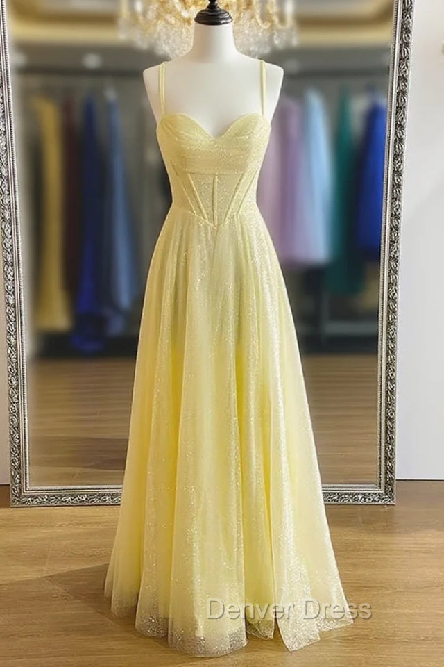 Yellow Prom Dresses, A-line Sweetheart Spaghetti Straps Long/Floor-Length Tulle Prom Dresses With Pleated Glitter