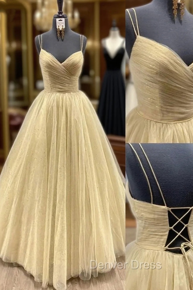 Yellow Prom Dresses, V Neck Sleeveless Long Floor Length Tulle Ball Gowns With Pleated Sequins Main image