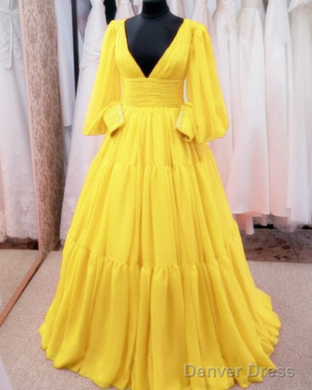 Yellow Puffy Sleeves Ball Gowns Tulle Prom Dresses