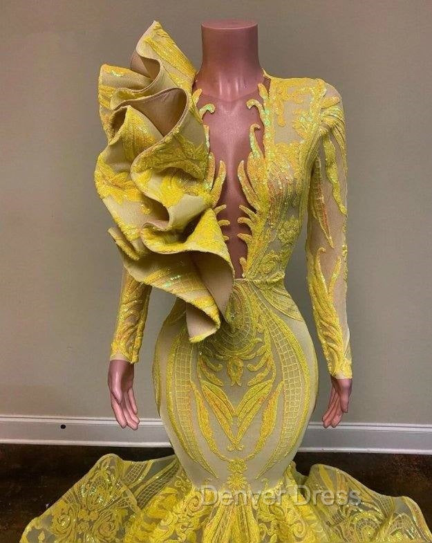 Yellow Robe De Soiree Mermaid Long Sleeves Appliques Sequins Long Prom Dress Prom Gowns Prom Dresses