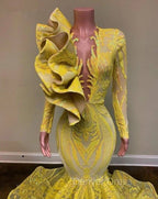 Yellow Robe De Soiree Mermaid Long Sleeves Appliques Sequins Long Prom Dresses Prom Gown Evening Dresses