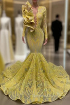 Yellow Robe De Soiree Mermaid Long Sleeves Appliques Sequins Long Prom Dress Prom Gowns Prom Dresses