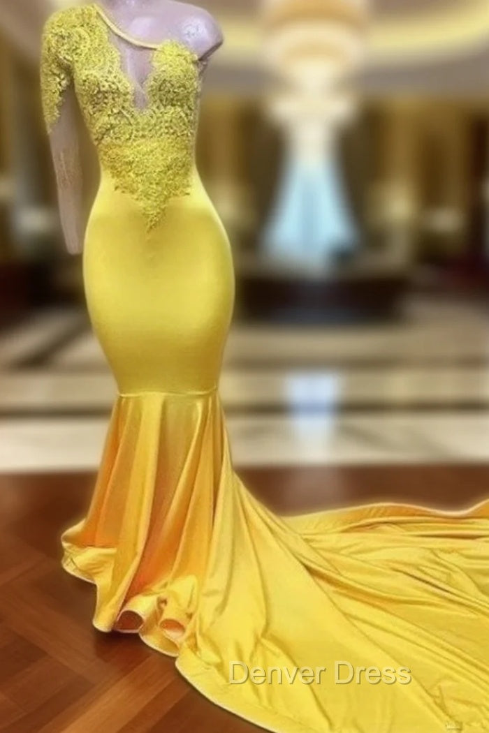 Yellow Robe De Soiree Mermaid One-Shoulder Long Sleeves Lace Beaded Sexy Long Prom Dresses Prom Gown Evening Dresses Main image