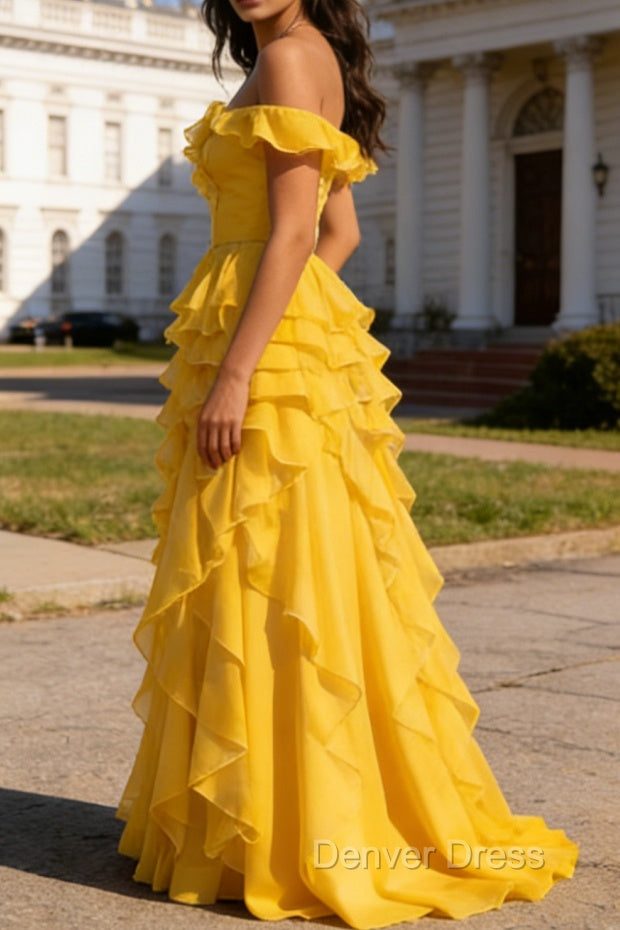 Yellow Ruffled A-Line Square Neck Long Prom Dresses Secondary image