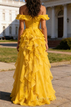 Yellow Ruffled A-Line Square Neck Long Prom Dresses