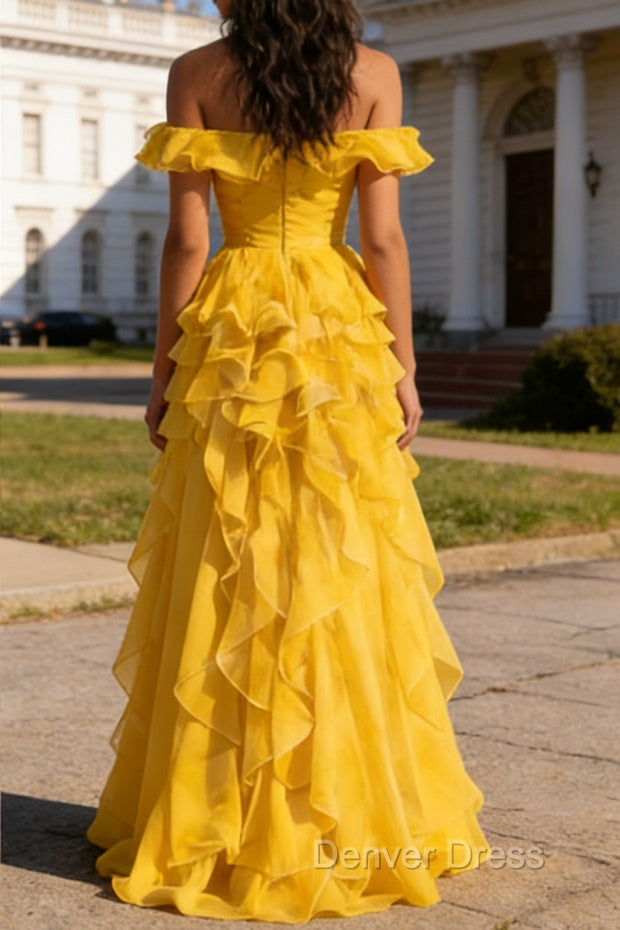 Yellow Ruffled A-Line Square Neck Long Prom Dresses