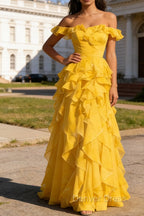 Yellow Ruffled A-Line Square Neck Long Prom Dresses