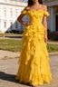 Yellow Ruffled A-Line Square Neck Long Prom Dresses