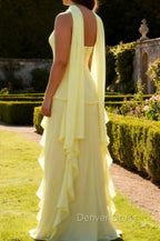 Yellow Ruffled Strapless Long Bridesmaid Dress with Streamer