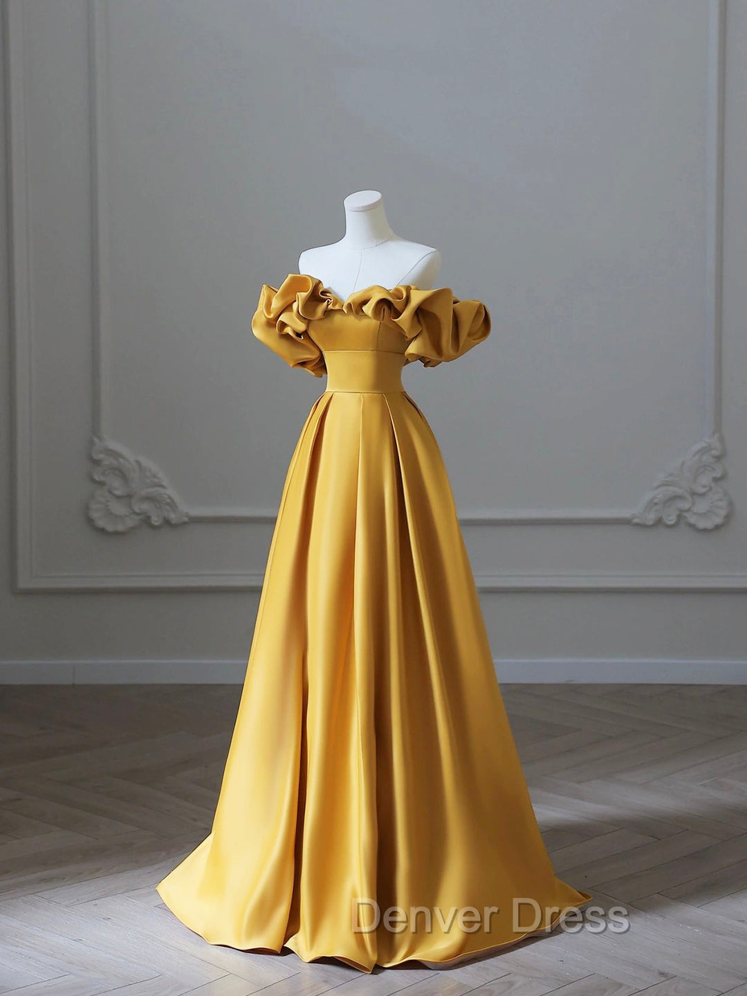 Yellow Saitn Long Prom Dress, Off Shoulder Prom Dresses Secondary image