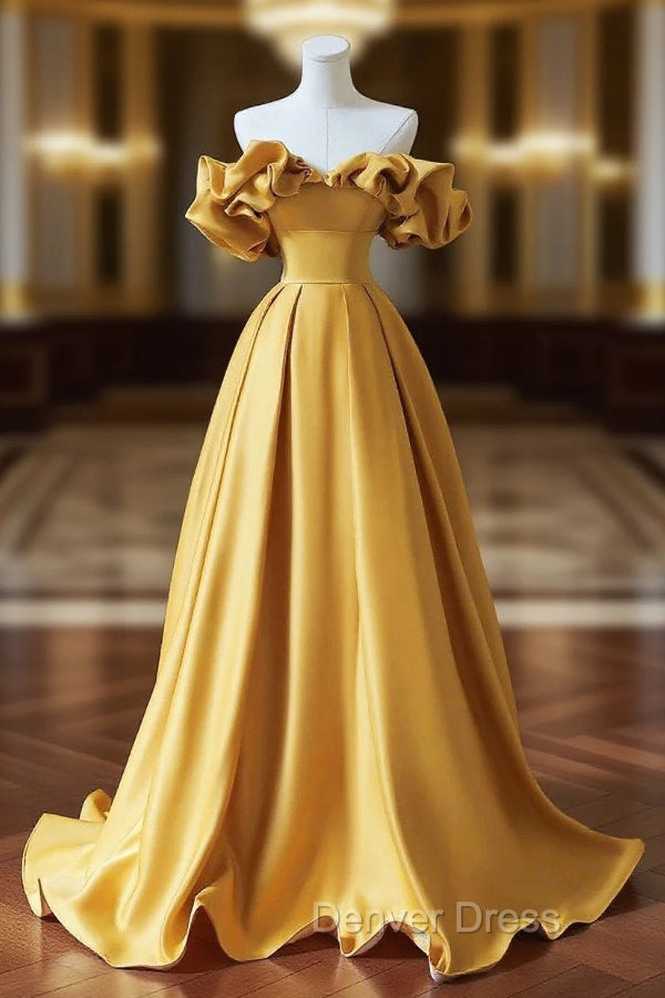Yellow Saitn Long Prom Dresses, Off Shoulder Evening Party Dresses Main image