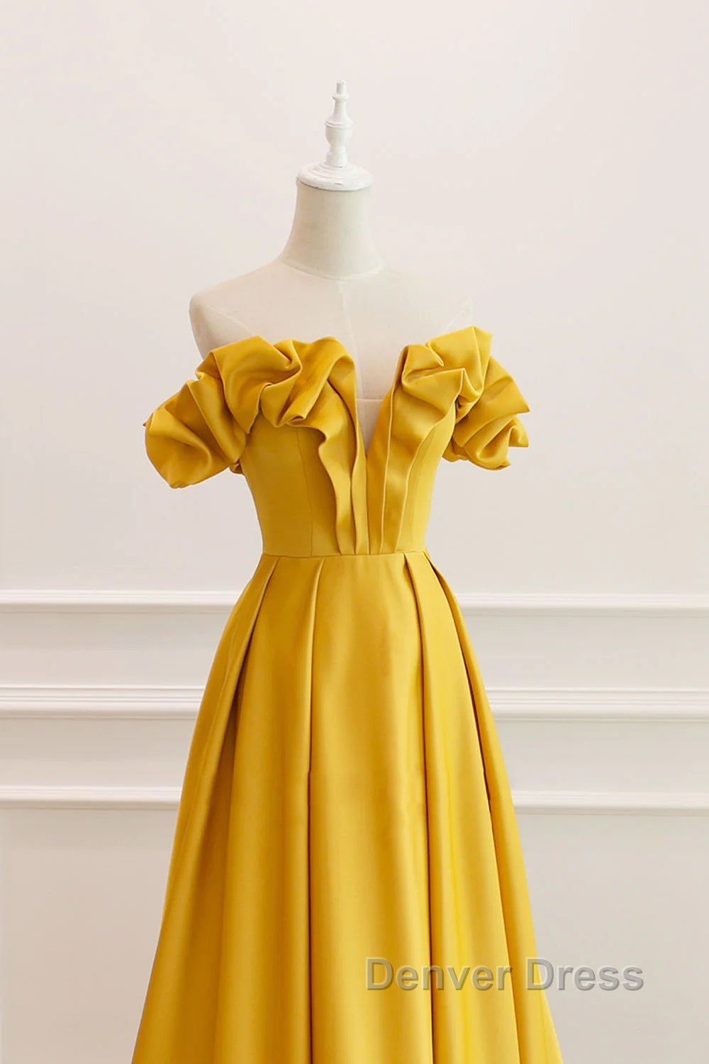 Yellow Satin A-Line Sweetheart Off Shoulder Party Dresses, Yellow Long Prom Dresses