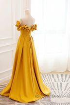 Yellow Satin A-Line Sweetheart Off Shoulder Party Dresses, Yellow Long Prom Dresses