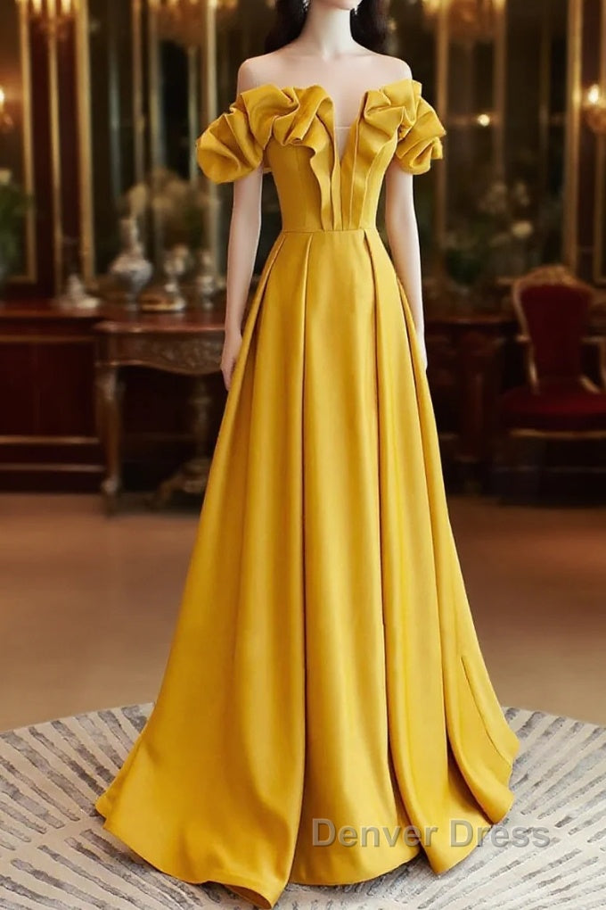Yellow Satin A-Line Sweetheart Off Shoulder Party Dresses, Yellow Long Prom Dresses Main image