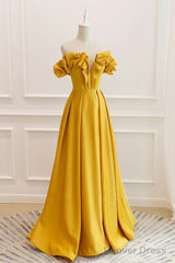 Yellow Satin A-Line Sweetheart Off Shoulder Party Dress, Yellow Long Prom Dress