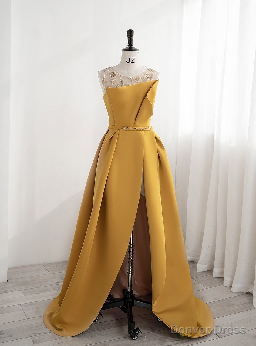 Yellow Satin Backless Beading Prom Dress Main image