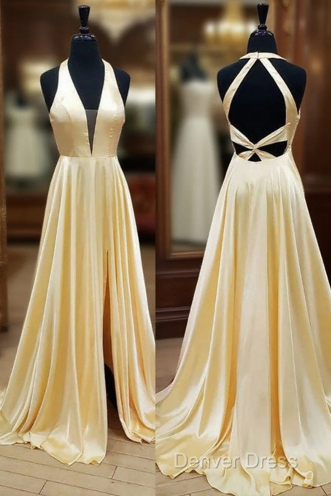 Yellow Satin Halter Backless A Line Prom Dresses With Slit Main image