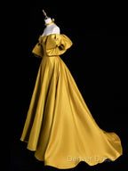 Yellow Satin Long Prom Dresses, Off The Shoulder A-Line Evening Party Dresses