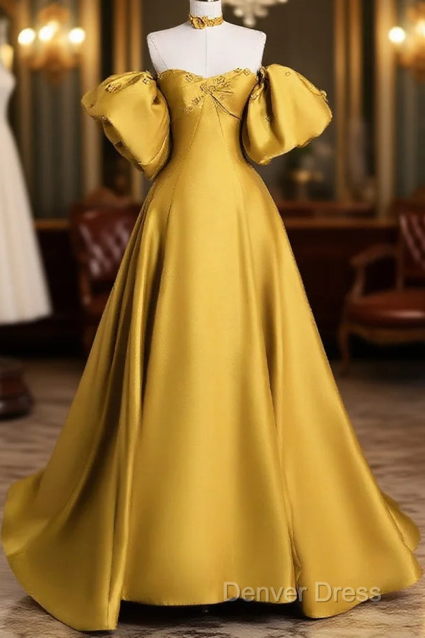 Yellow Satin Long Prom Dresses, Off The Shoulder A-Line Evening Party Dresses Main image