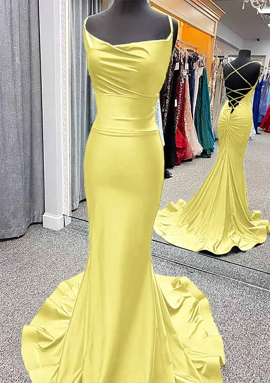 Yellow Satin Mermaid Glitter Prom Dresses with Beading
