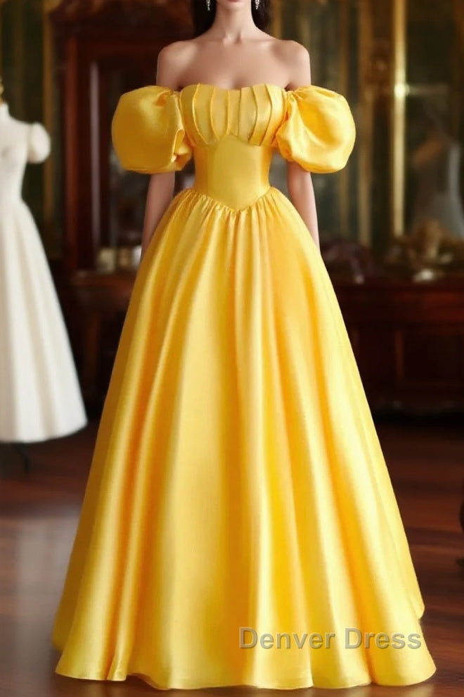 Yellow Satin Short Sleeves Party Dresses, Yellow Satin Prom Dresses Formal Dresses Main image
