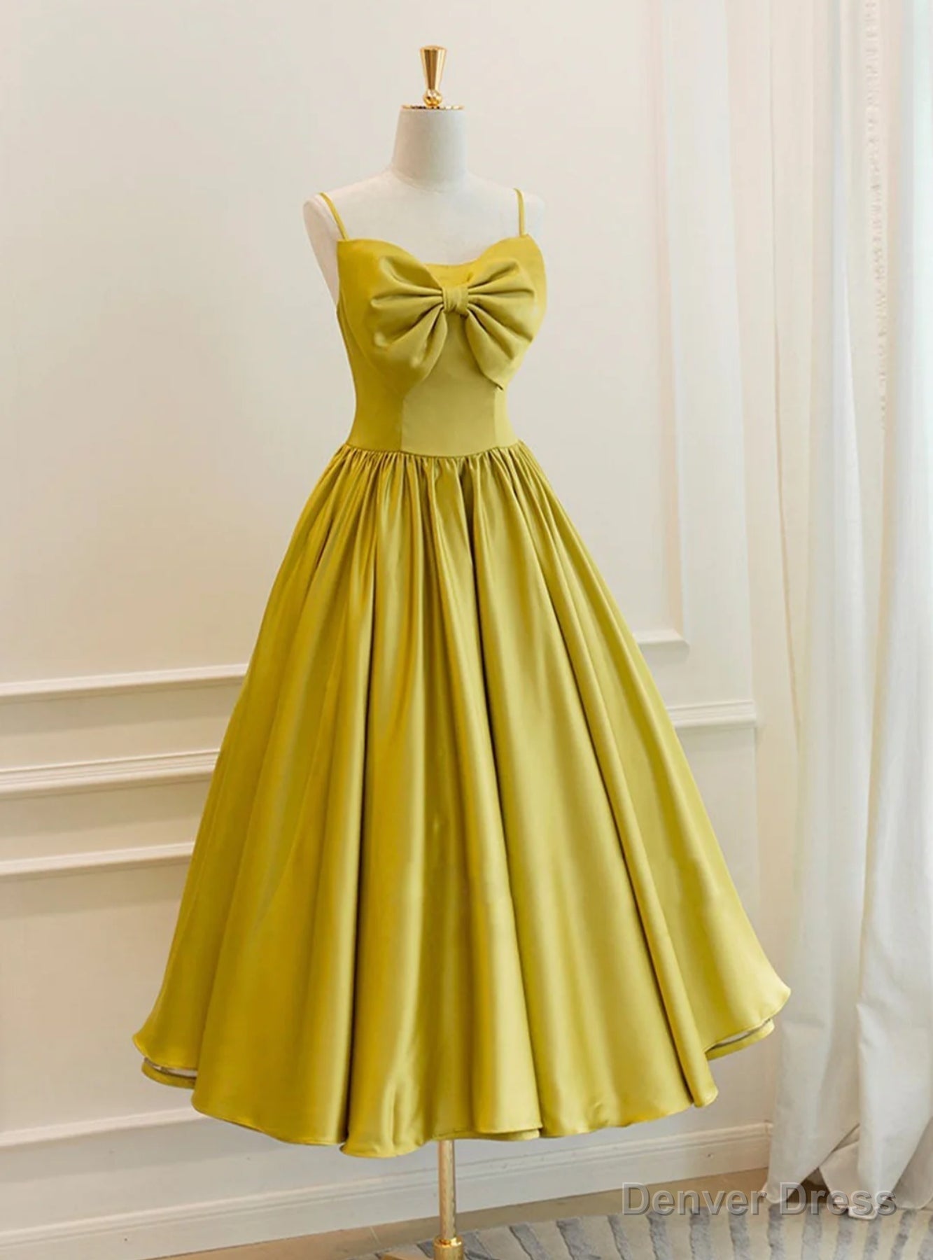 Yellow Satin Spaghetti Straps Bow Tea Length Prom Dresses Main image
