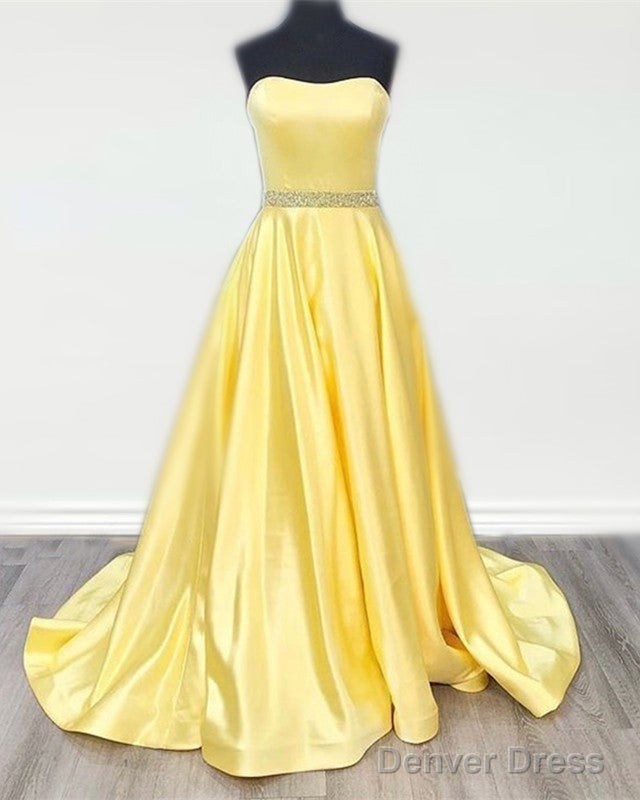 Yellow Satin Strapless Ball Gown Dresses Beaded Sashes Main image