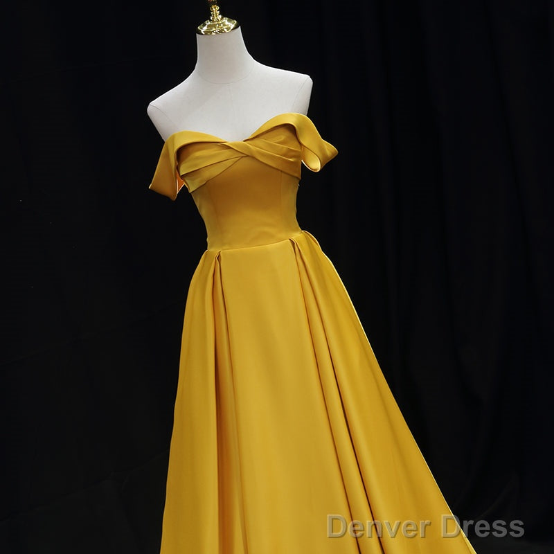 Yellow Satin Sweetheart Long Simple Party Dresses, Yellow Formal Gown Prom Dresses