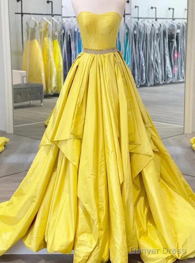 Yellow Satin Sweetheart Prom Dress with Beading Main image