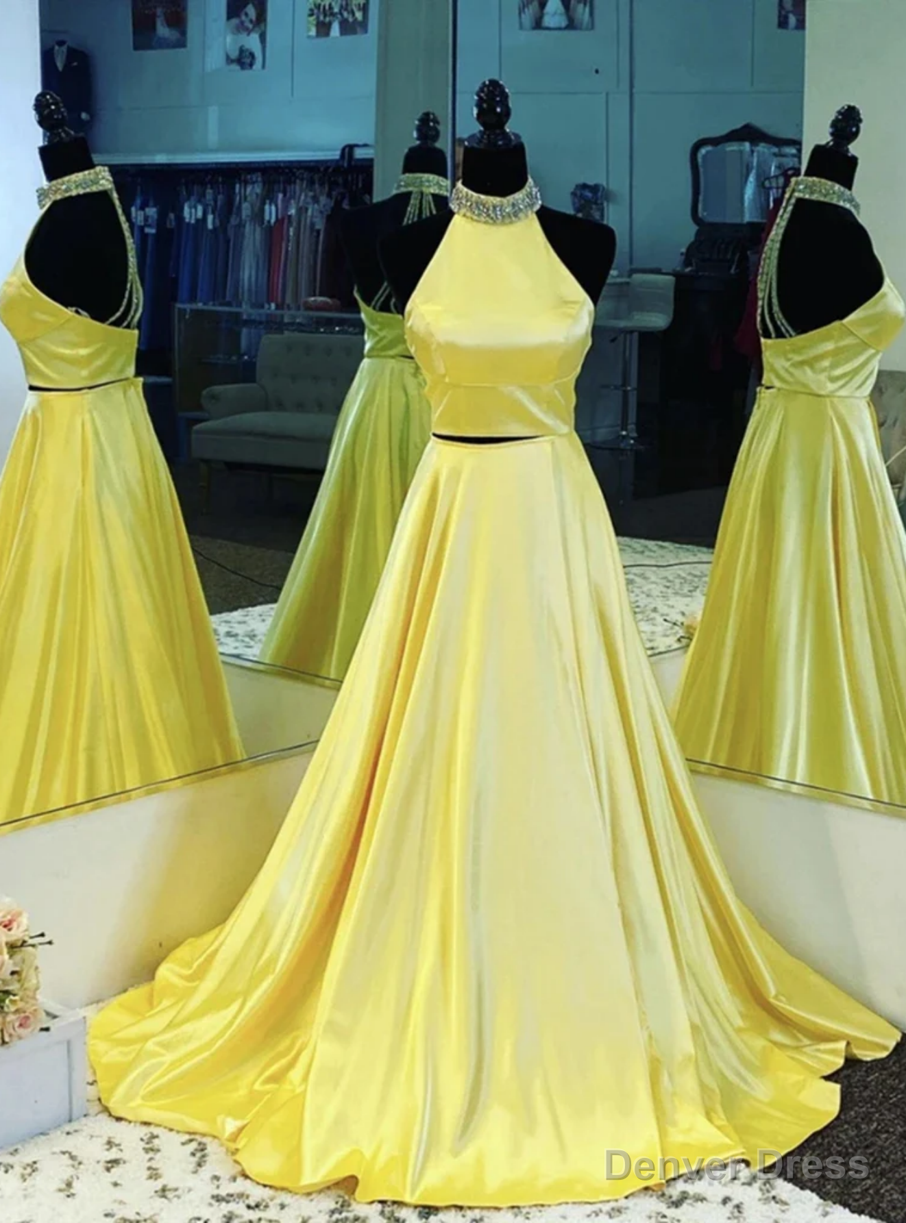 Yellow Satin Two Piece Halter Beading Prom Dress Main image