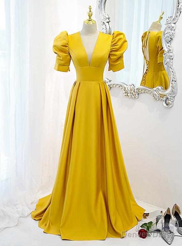 Yellow Satin V-neck Backless Short Sleeve Prom Dress Main image